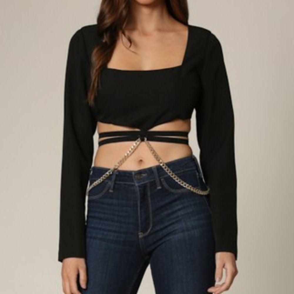 Black Strappy Chained Cropped Long Sleeve Top BT65